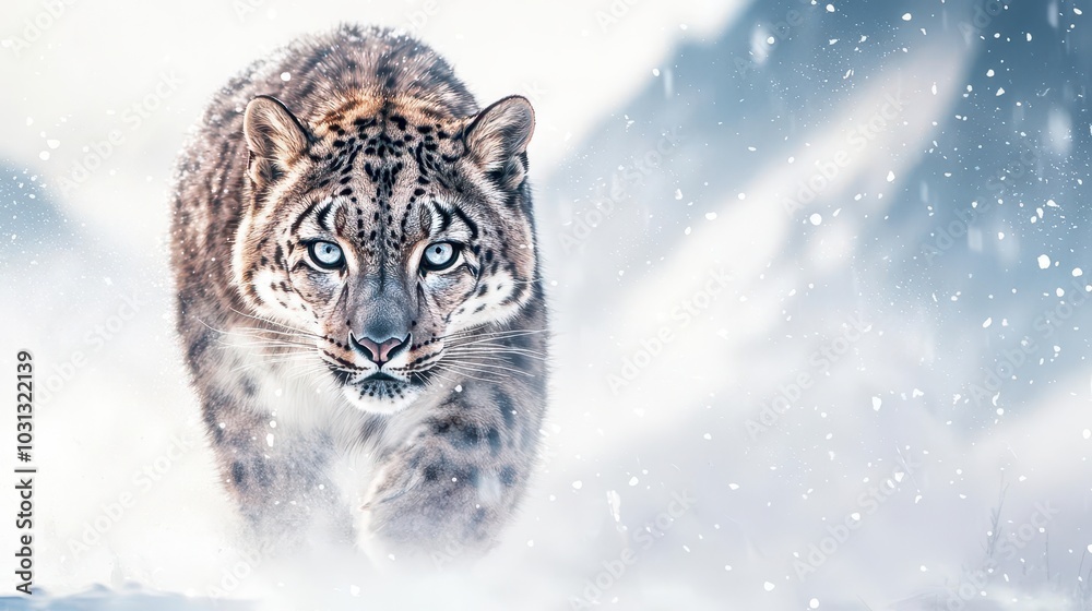 Obraz premium Snow leopard prowling through a frosty, mountainous landscape, Snow Leopard, Majestic isolation and survival in the wild