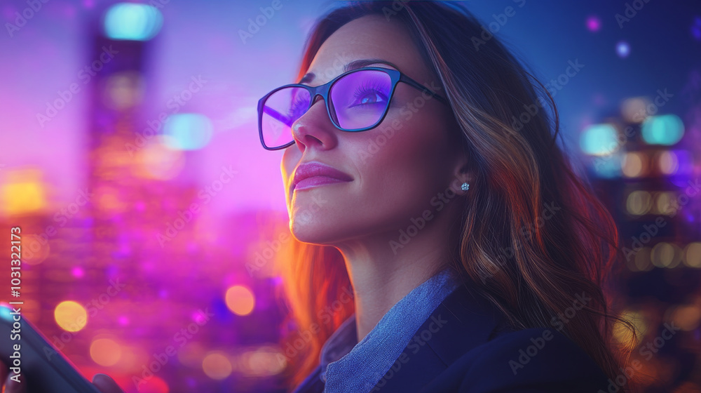 A young woman with long brown hair looks up at the city lights. A young woman with long brown hair looks up at the city lights.