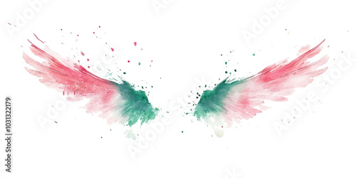 Abstract watercolor illustration of colorful angel wings isolated on a white background.