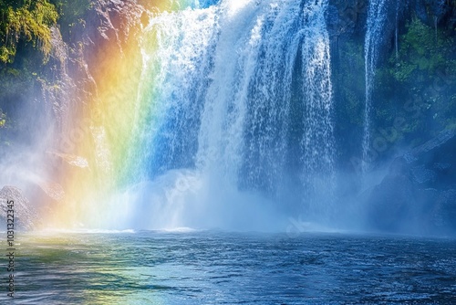 Waterfall with a Rainbow and Mist Over a Calm Blue Pool