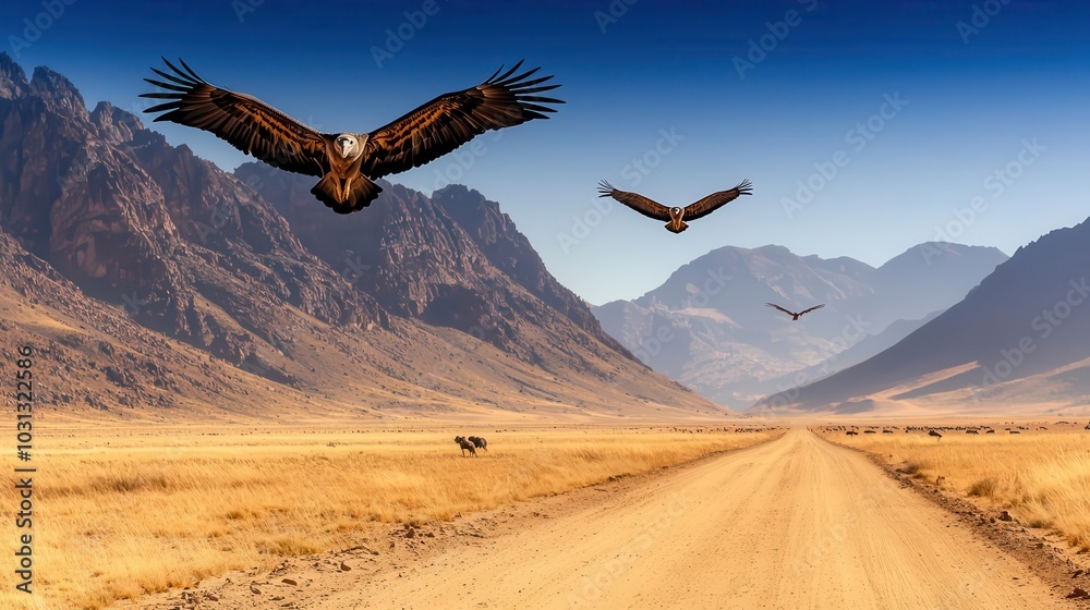 Naklejka premium Vultures circling high above a vast desert, their wings casting long shadows, Vulture, Death and scavenging in the wild