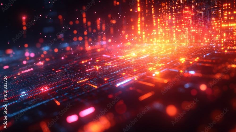 Obraz premium Abstract digital landscape with glowing lines and particles.