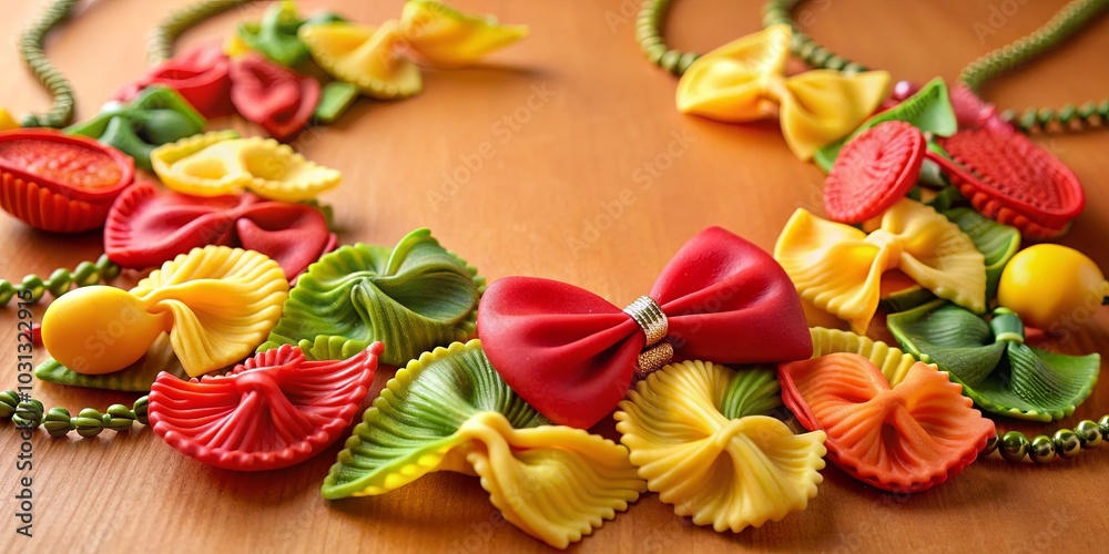A colorful arrangement of bow-shaped pasta, intertwined with beads, forming a vibrant pattern on a wooden surface. A colorful arrangement of bow-shaped pasta, intertwined with beads, forming a vibrant pattern on a wooden surface.