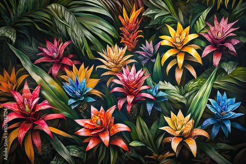 A vibrant display of colorful bromeliads amidst lush green foliage