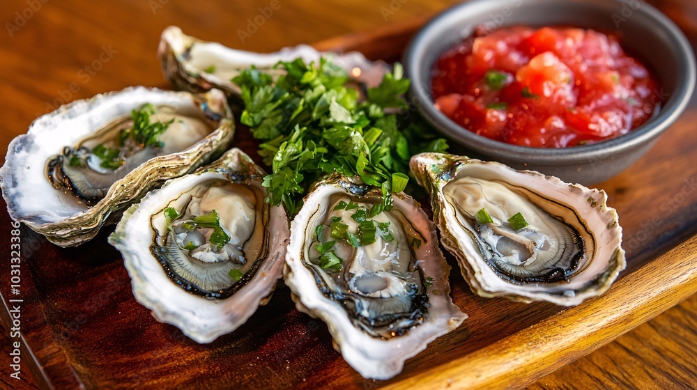 Delicious fresh oysters with herbs and salsa a culinary delight for seafood lovers and enthusiasts Delicious fresh oysters with herbs and salsa a culinary delight for seafood lovers and enthusiasts