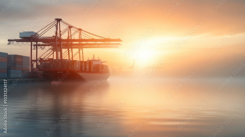 A cargo ship in the harbor at sunrise, misty waters reflecting warm hues. A cargo ship in the harbor at sunrise, misty waters reflecting warm hues.