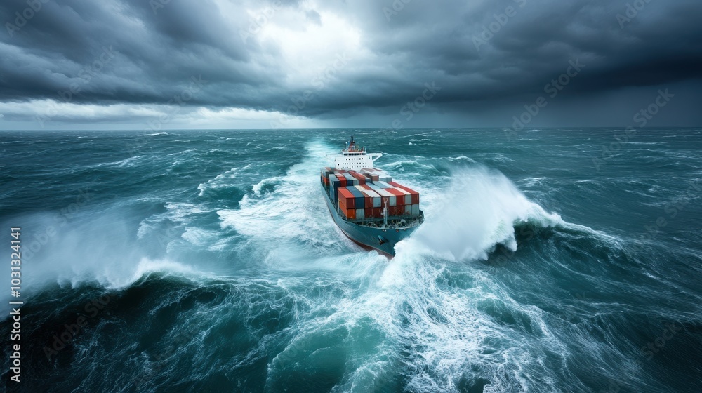Fototapeta premium A cargo ship navigating rough seas under a stormy sky.