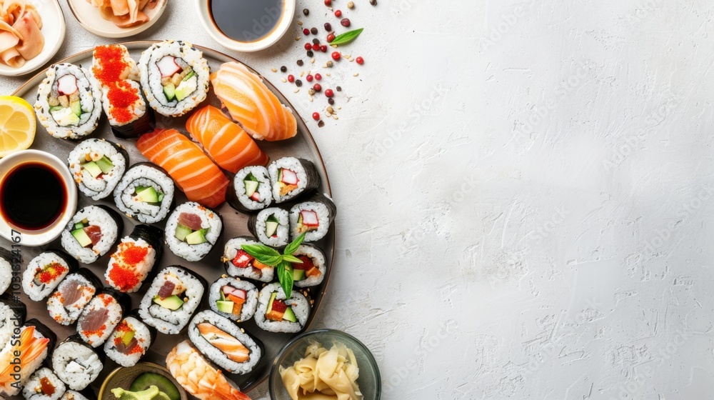 Fresh Sushi Platter with Assorted Rolls and Ingredients Fresh Sushi Platter with Assorted Rolls and Ingredients