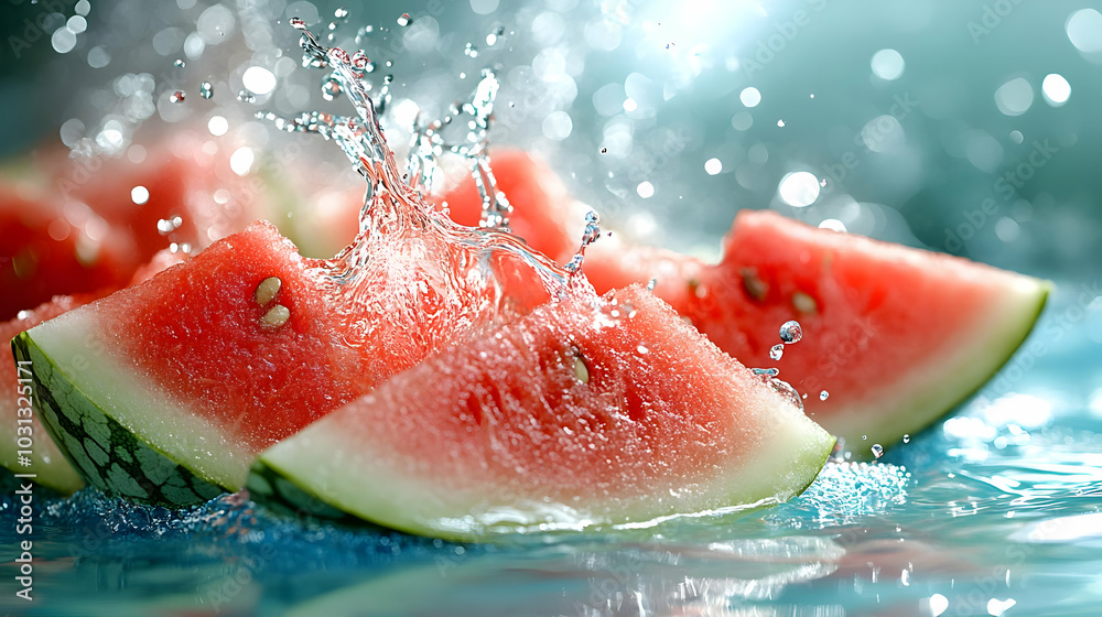 Juicy watermelon slices splashing in water, evoking freshness. Juicy watermelon slices splashing in water, evoking freshness.