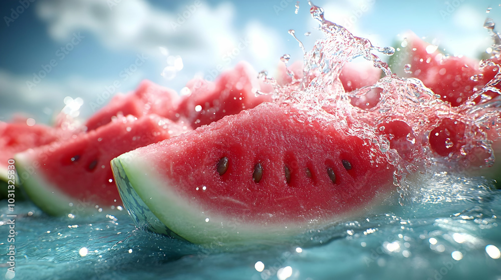 Watermelon slices splashing in water, evoking freshness and summer.