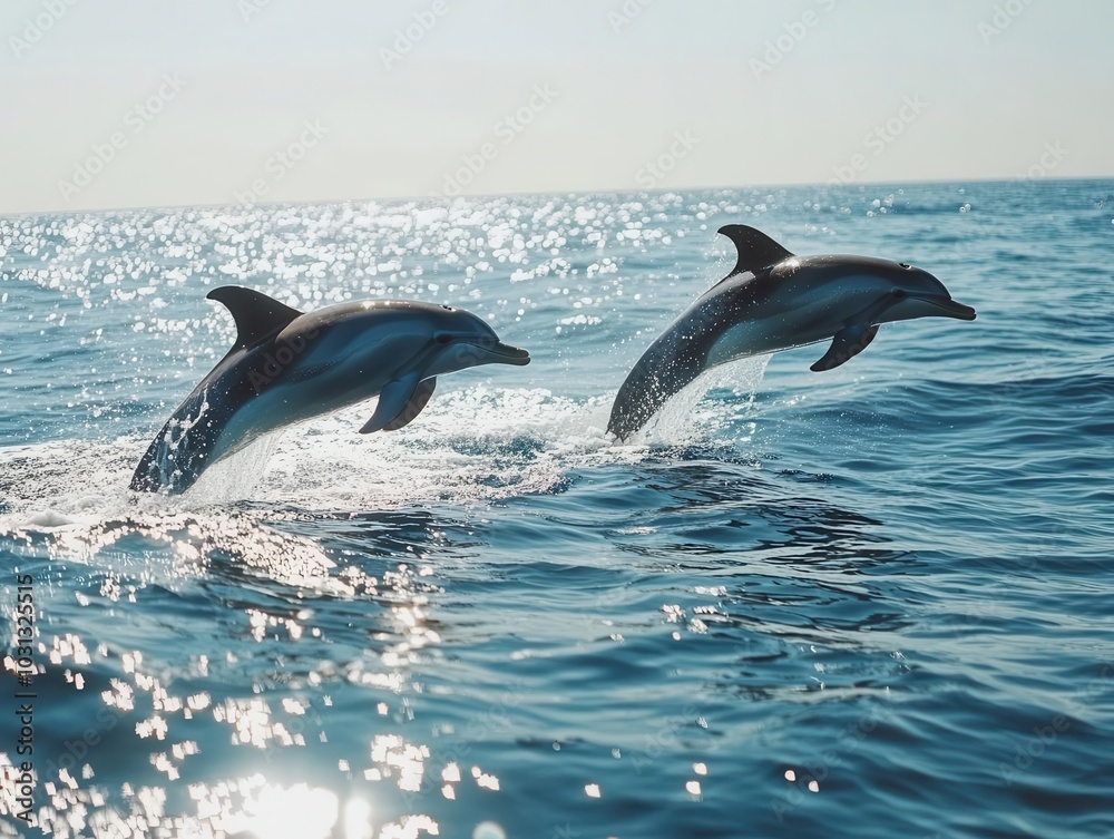 Fototapeta premium two dolphins joyfully leaping out of the sparkling ocean on a sunny day, capturing the essence of freedom and playfulness in a vibrant marine setting