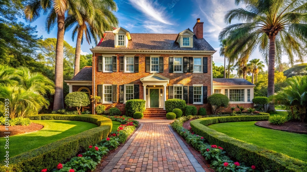 A brick house with a lush green lawn, palm trees, and red flowers lining the walkway. A brick house with a lush green lawn, palm trees, and red flowers lining the walkway.