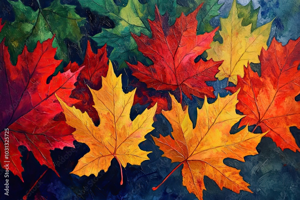 Fototapeta premium Oil Painting of Vibrant Fall Maple Leaves on a Dark Blue Background