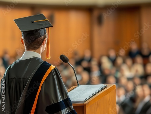 valedictorian young man confidently delivering a graduation speech to a proud audience, adorned in traditional regalia, symbolizing achievement and future aspirations