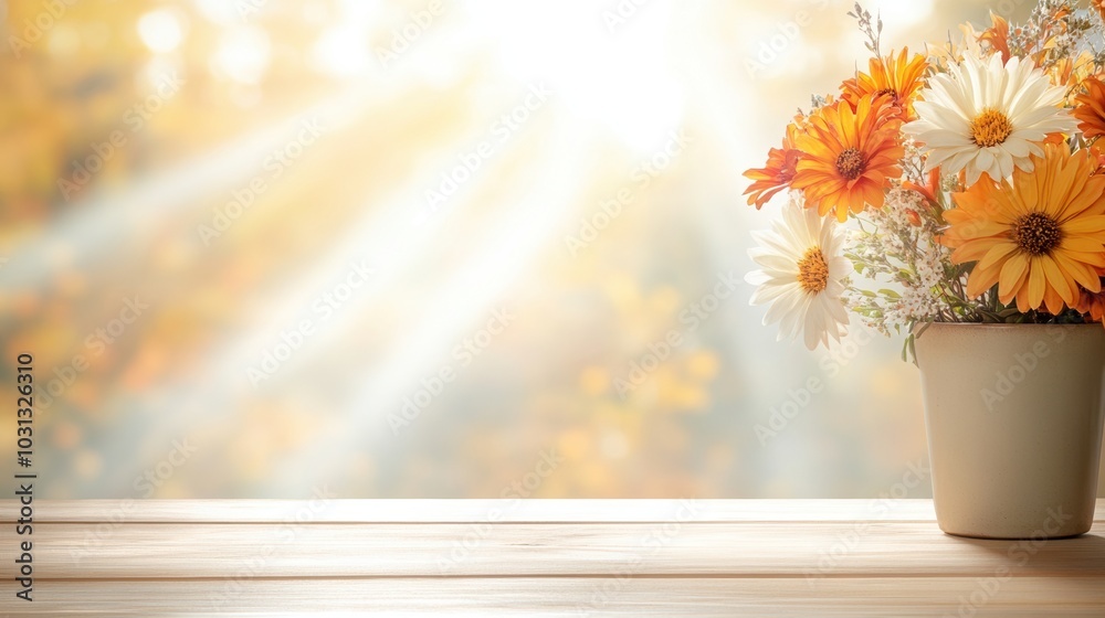 Bright flowers in a pot with sunlight streaming through, creating a warm atmosphere. Bright flowers in a pot with sunlight streaming through, creating a warm atmosphere.