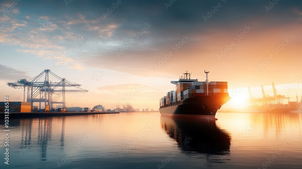 Naklejka premium Cargo ship at harbor during sunset with cranes and reflection in water.