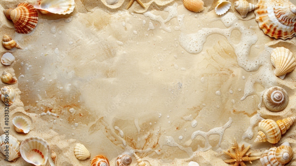 Beach Sand with Colorful Sea Shells and Foam Beach Sand with Colorful Sea Shells and Foam