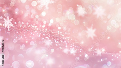 Abstract Pink and White Glitter Background with Blurred Lights and Snowflake Patterns.