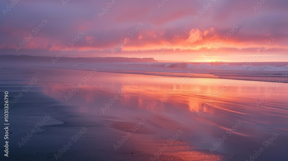 Fototapeta premium Stunning sunrise over a tranquil beach with empty shoreline reflecting vibrant colors in calm waters