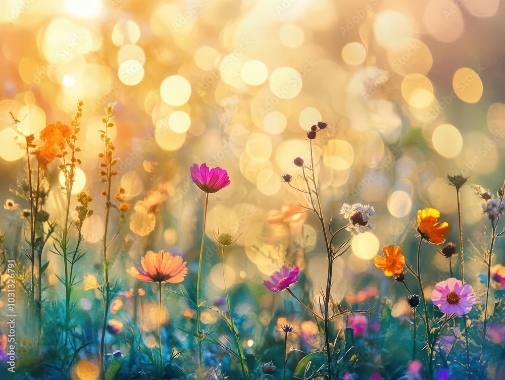 vibrant flower meadow illuminated by sunbeams and dotted with bokeh lights, creating a cheerful summer backdrop that evokes feelings of joy and tranquility vibrant flower meadow illuminated by sunbeams and dotted with bokeh lights, creating a cheerful summer backdrop that evokes feelings of joy and tranquility