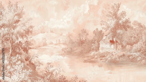Elegant vintage toile wallpaper featuring a serene landscape with a riverside cottage in soft peach tones