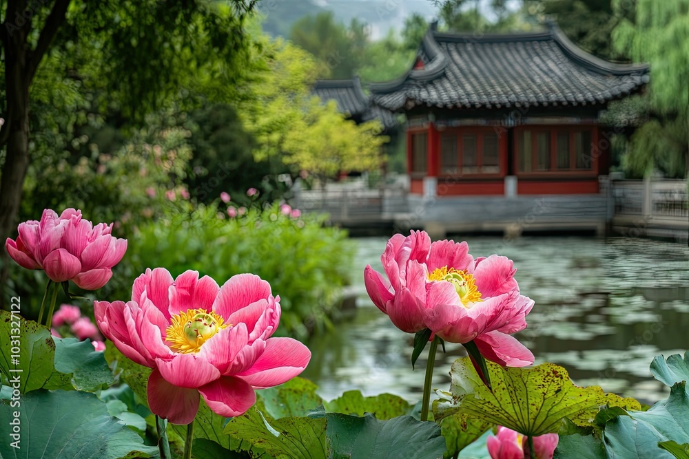 Pink Lotus Flowers Blooming in a Garden Pond Near a Traditional Chinese Pavilion Pink Lotus Flowers Blooming in a Garden Pond Near a Traditional Chinese Pavilion