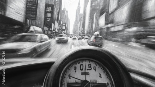 Close-up view of a taxi meter ticking upward amidst a bustling city scene at dusk photo