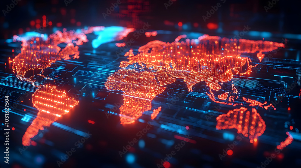 Digital world map with glowing data points and connections.