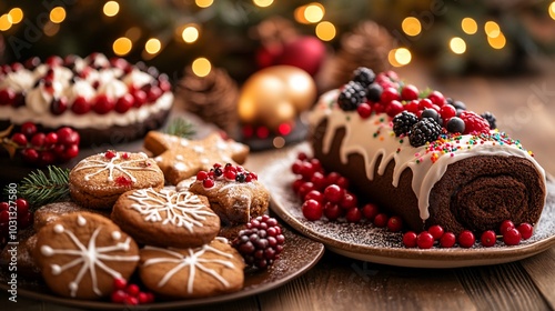 Festive Christmas desserts on a wooden table with lights and decorations.