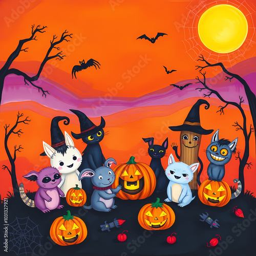 halloween background with pumpkin and bats