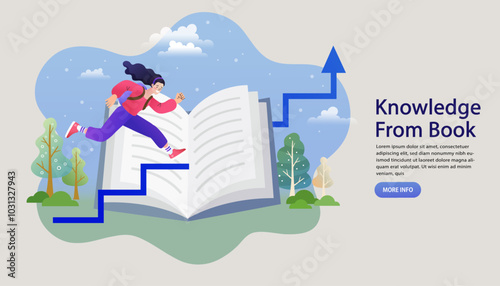 Knowledge from books is the path to success and growth. A young student with a backpack runs up stairs on a giant open book, following an arrow of progress to her goal.