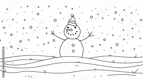 A minimalist line drawing of a cheerful snowman against a frosty winter landscape during the holiday season