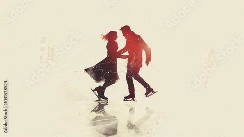 A couple gracefully ice skating together, embodying a cherished winter holiday tradition in a minimalist style photo