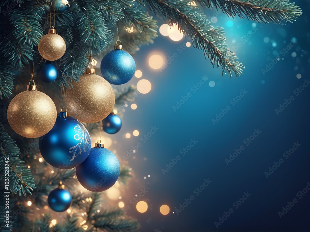 abstract decoration border Christmas Tree With Ornaments In Blue And Defocused Lights abstract decoration border Christmas Tree With Ornaments In Blue And Defocused Lights