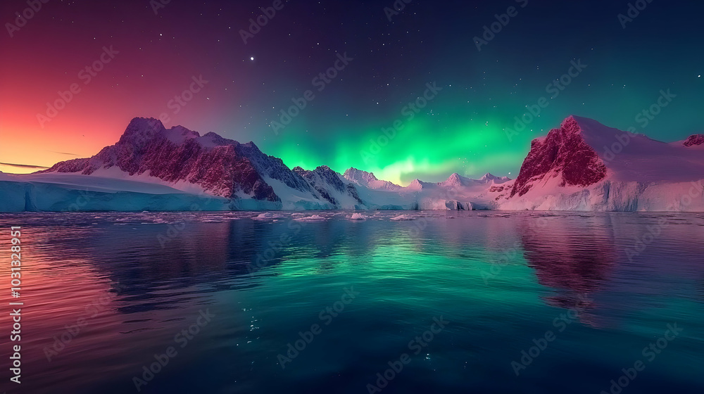 Serene polar landscape illuminated by vibrant northern lights. Serene polar landscape illuminated by vibrant northern lights.
