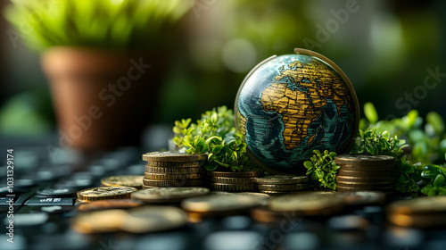 A globe surrounded by coins...