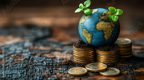 Globe with plants on coins,...