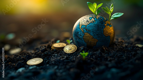 A globe with sprouts and co...