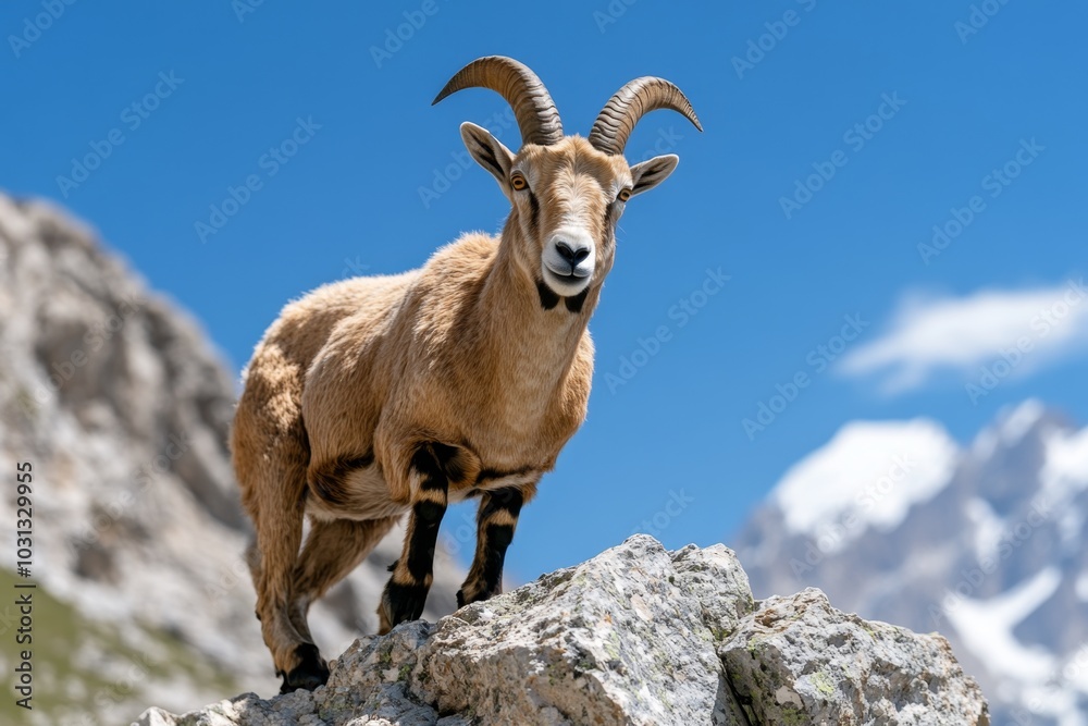 A herd of mountain goats climbing steep cliffs, against a backdrop of snowy peaks A herd of mountain goats climbing steep cliffs, against a backdrop of snowy peaks
