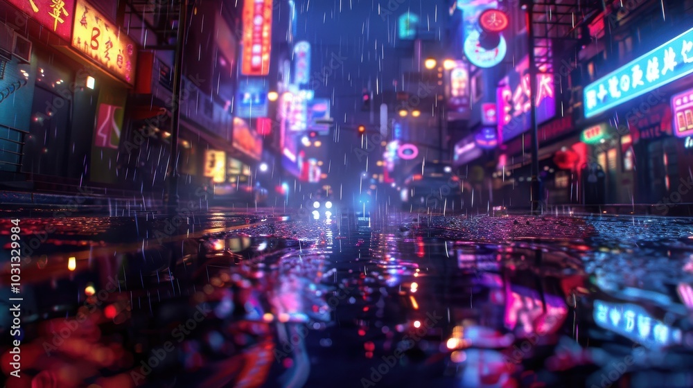 A neon city street with rain falling on it. The neon lights of the buildings are reflected in the water A neon city street with rain falling on it. The neon lights of the buildings are reflected in the water