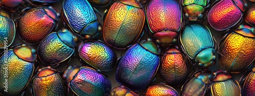 Iridescent Beetle Shells, vibrant metallic hues, intricate textures, showcasing nature's artistry in small-scale detail photo