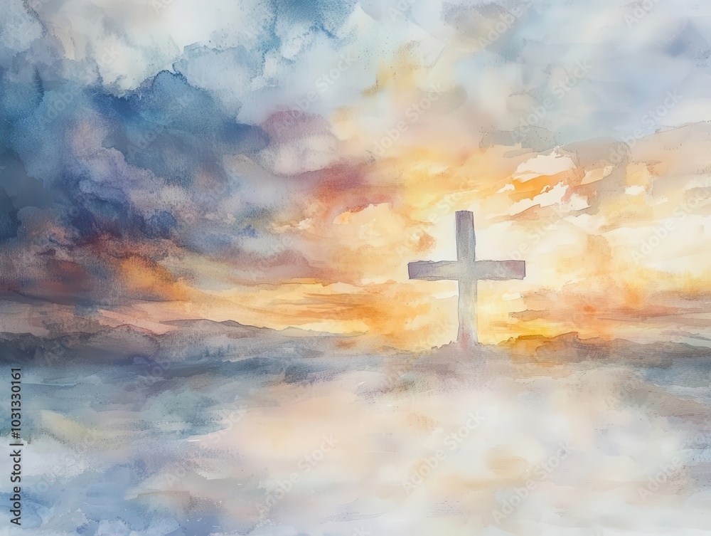 watercolor painting depicting a conceptual cross against a sunset sky filled with clouds, evoking spiritual themes with soft, blended colors that convey a sense of peace and reflection watercolor painting depicting a conceptual cross against a sunset sky filled with clouds, evoking spiritual themes with soft, blended colors that convey a sense of peace and reflection