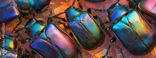 Iridescent Beetle Shells, showcasing vibrant metallic hues and intricate textures in a close-up view of nature's artistry photo