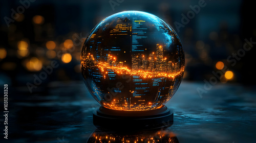 A glowing digital globe with data streams and city lights.
