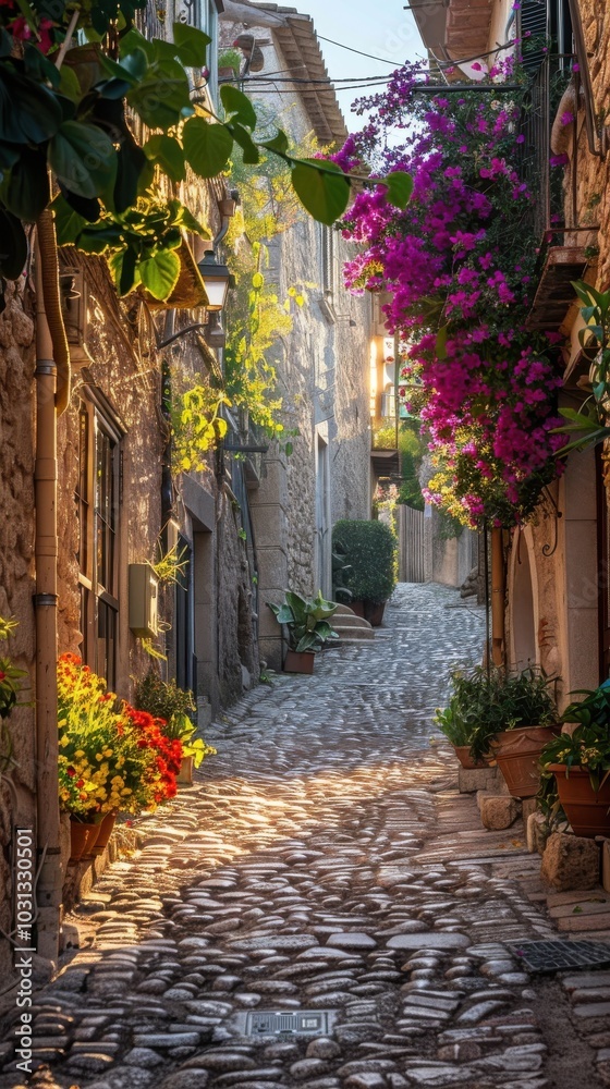 Discovering the charm of a quaint Mediterranean village at dawn with blooming flowers and cobblestone streets Discovering the charm of a quaint Mediterranean village at dawn with blooming flowers and cobblestone streets