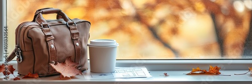 Thanksgiving Solo Travel Background - Lone Traveler - Bag and Coffee by a Airport Autumn Window