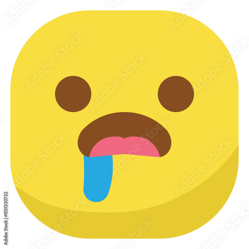 A yellow cartoon face with a shocked expression, big eyes and an open mouth with a pink tongue and blue drool coming out of it.