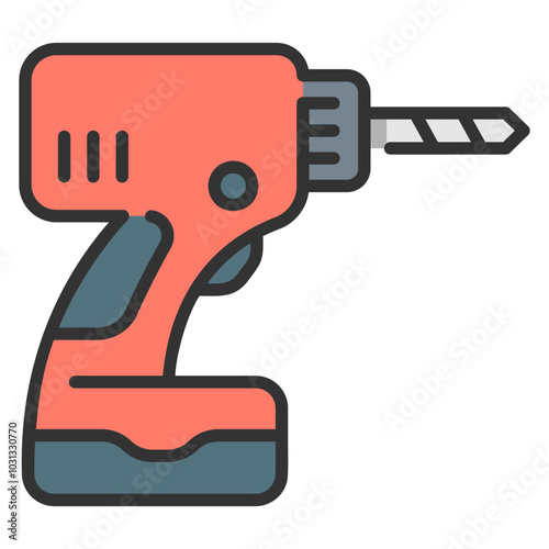 An illustration of a red and gray drill with a black drill bit, isolated on a white background.
