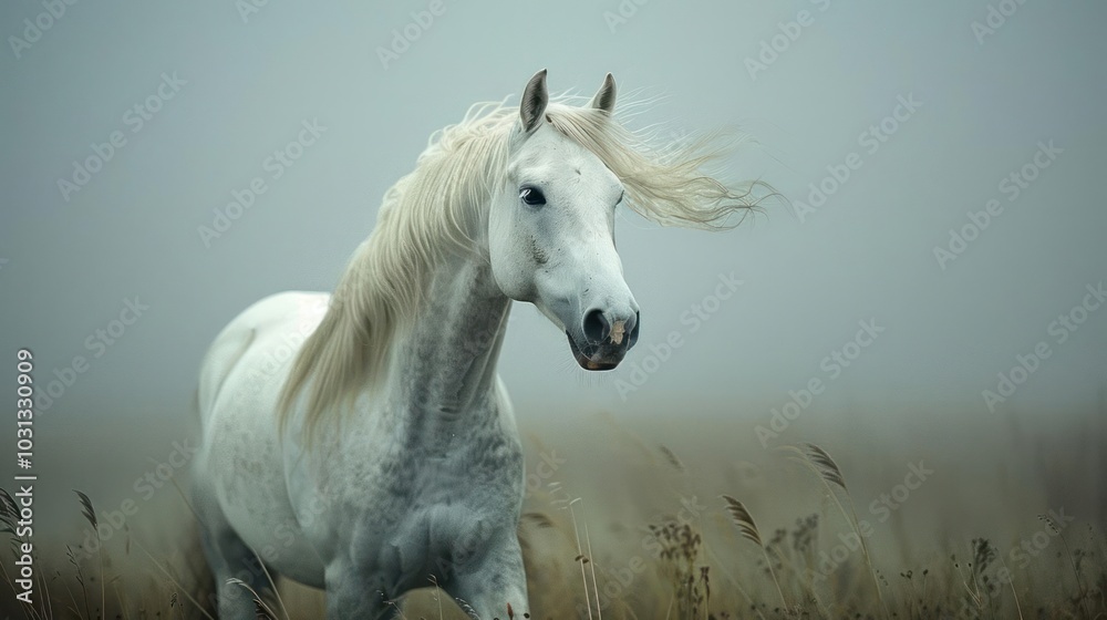 Obraz premium a white horse standing in a field of tall grass