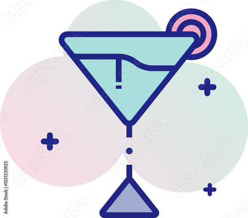 Blue outlined martini glass with a pink circle on top.